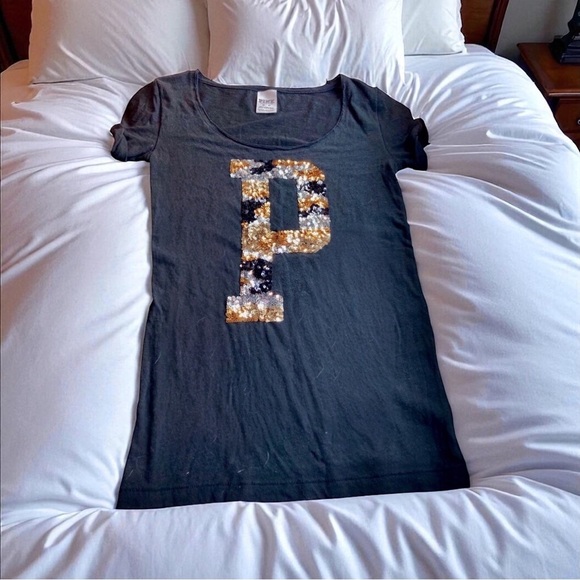 PINK Victoria's Secret Black Sequin T-Shirt leopard print sequins mcbling y2k - Picture 6 of 9